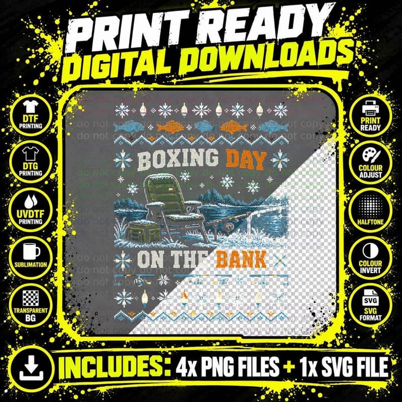 Boxing Day Fishing Christmas Ugly Sweater On The Bank Png SVG Digital Bundle