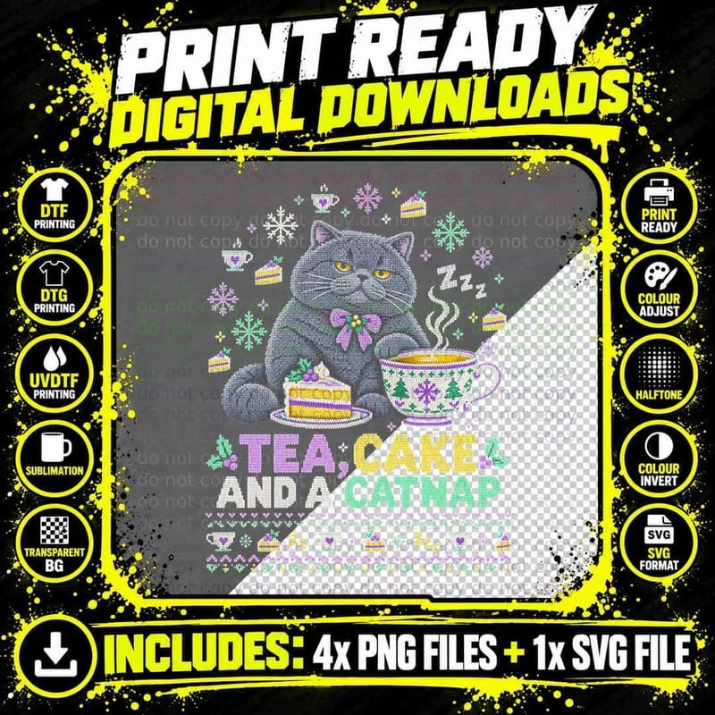 British Shorthair Cat Christmas Ugly Sweater Tea Cake Png SVG Digital Bundle