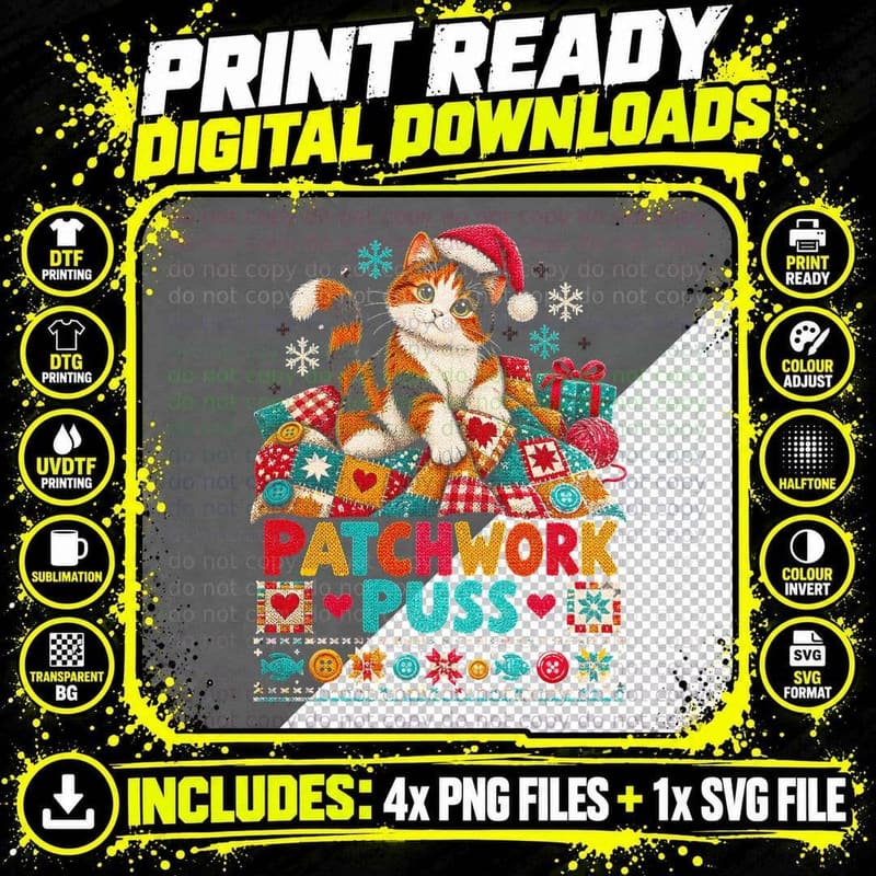 Calico Cat Christmas Ugly Sweater Patchwork Quilt Puss Png SVG Digital Bundle
