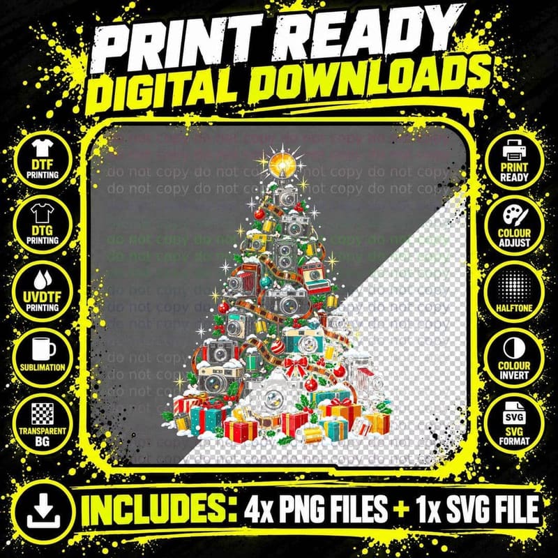 Camera Christmas Tree Photographer Vintage Cameras Lover Png SVG Digital Bundle
