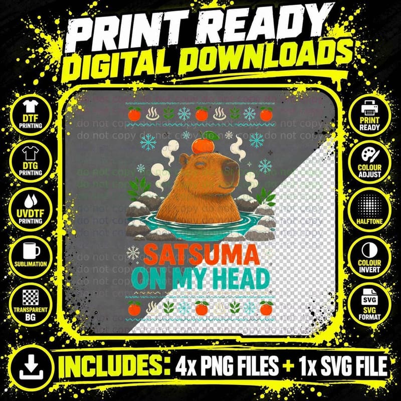 Capybara Christmas Ugly Sweater Satsuma Spa Citrus Humor Png SVG Digital Bundle