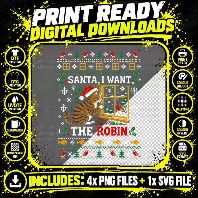 Cat Watching Robin Christmas Ugly Sweater I Want The Png SVG Digital Bundle