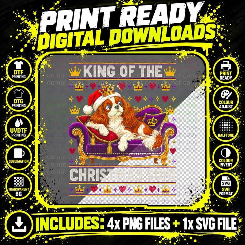 Cavalier King Charles Spaniel Christmas Jumper Sofa King Png SVG Digital Bundle