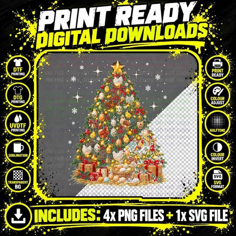 Chicken Egg Christmas Tree Watercolor Farmhouse Poultry Png SVG Digital Bundle