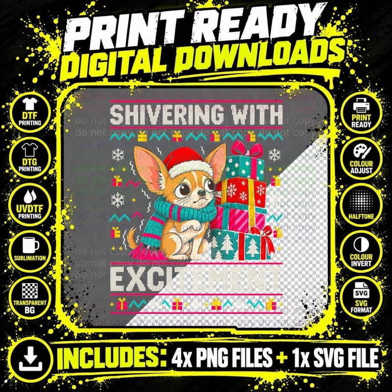 Chihuahua Christmas Ugly Sweater Shivering Excitement Png SVG Digital Bundle