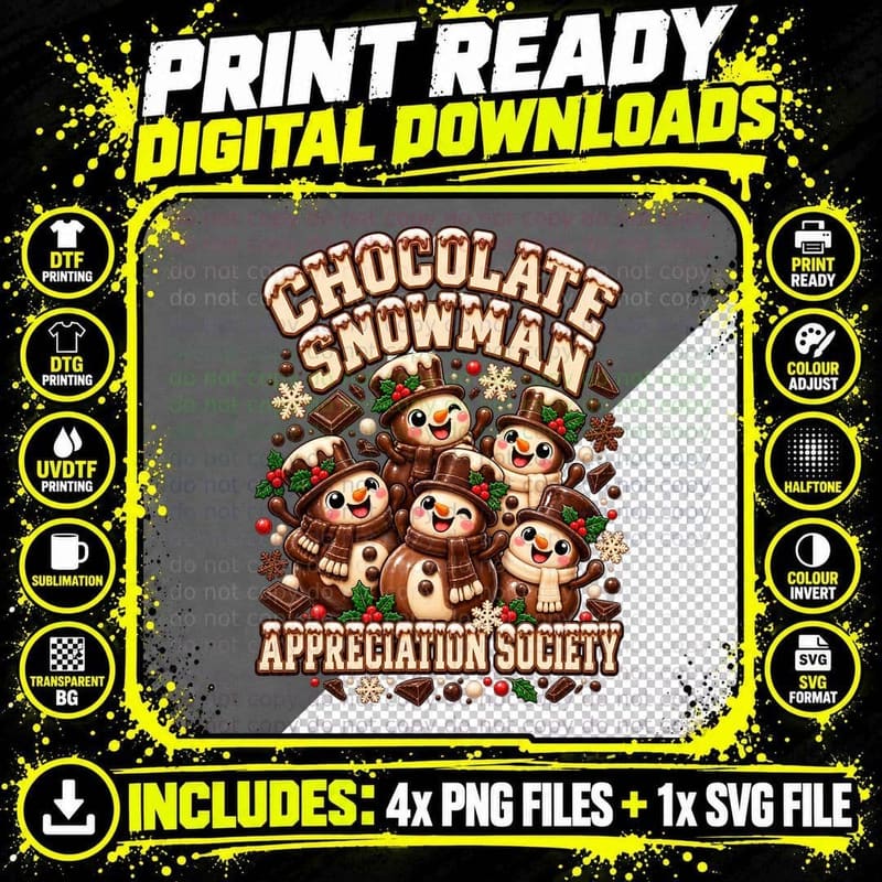 Chocolate Snowman Appreciation Society Christmas Kawaii Png SVG Digital Bundle