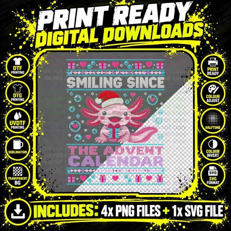 Christmas Axolotl Ugly Sweater Advent Calendar Cute Png SVG Digital Bundle