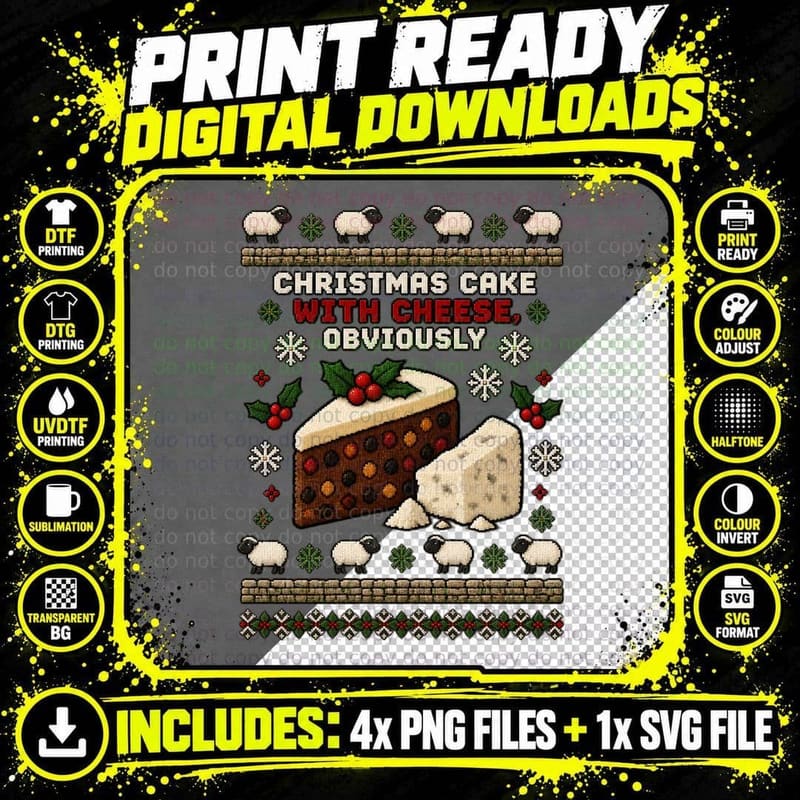 Christmas Cake Cheese Yorkshire Ugly Sweater Pixel Png SVG Digital Bundle