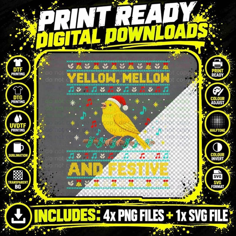 Christmas Canary Ugly Sweater Singing Yellow Bird Music Png SVG Digital Bundle