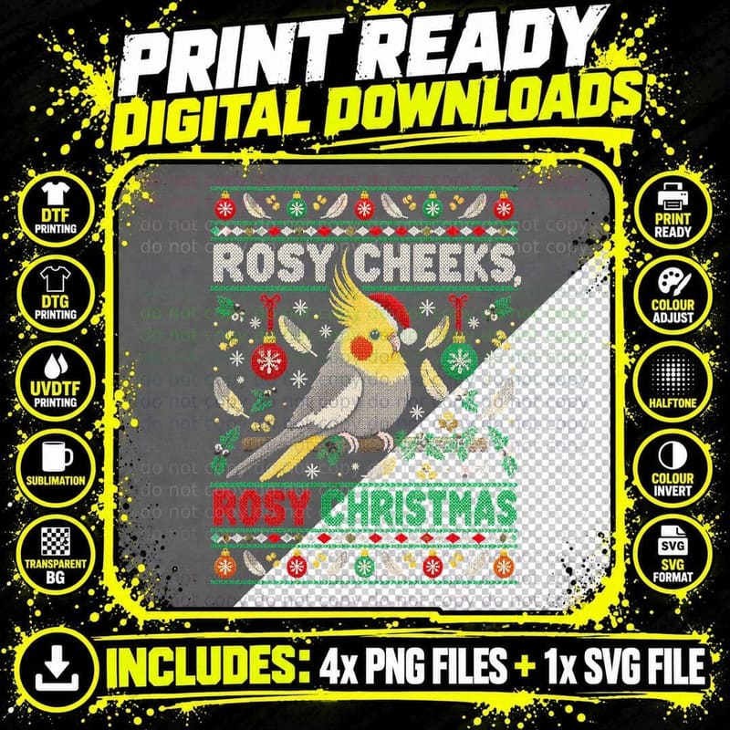 Christmas Cockatiel Ugly Sweater Bird Lover Rosy Cheeks Png SVG Digital Bundle