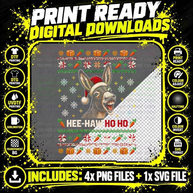 Christmas Donkey Ugly Sweater Farm Animal Braying Png SVG Digital Bundle