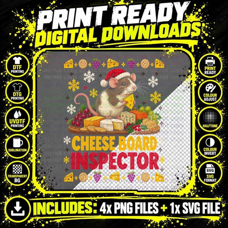 Christmas Fancy Rat Ugly Sweater Cheese Board Inspector Png SVG Digital Bundle