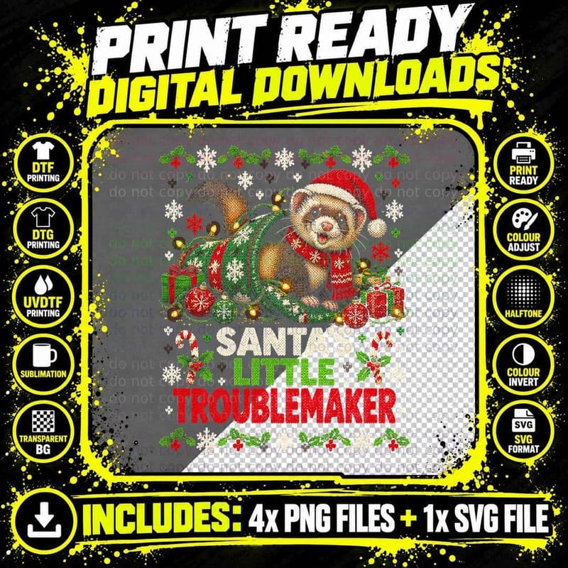 Christmas Ferret Ugly Sweater Stocking Bandit Funny Png SVG Digital Bundle