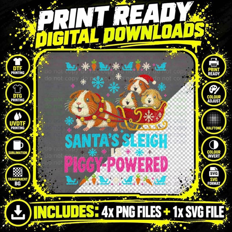 Christmas Guinea Pig Ugly Sweater Santa Sleigh Piggy Png SVG Digital Bundle