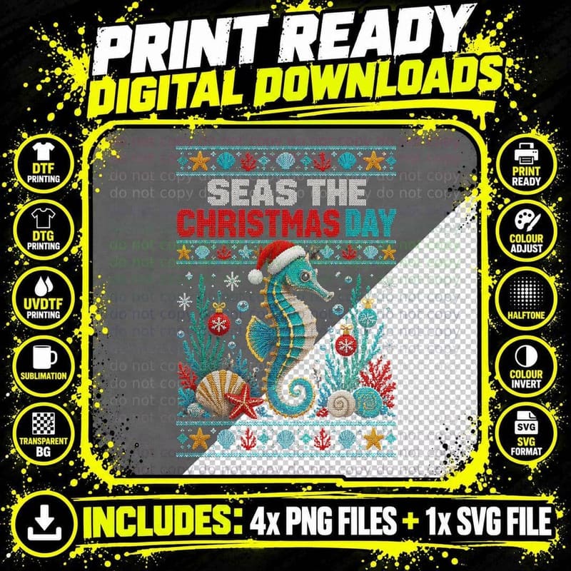 Christmas Seahorse Ugly Sweater Reindeer Antlers Ocean Png SVG Digital Bundle