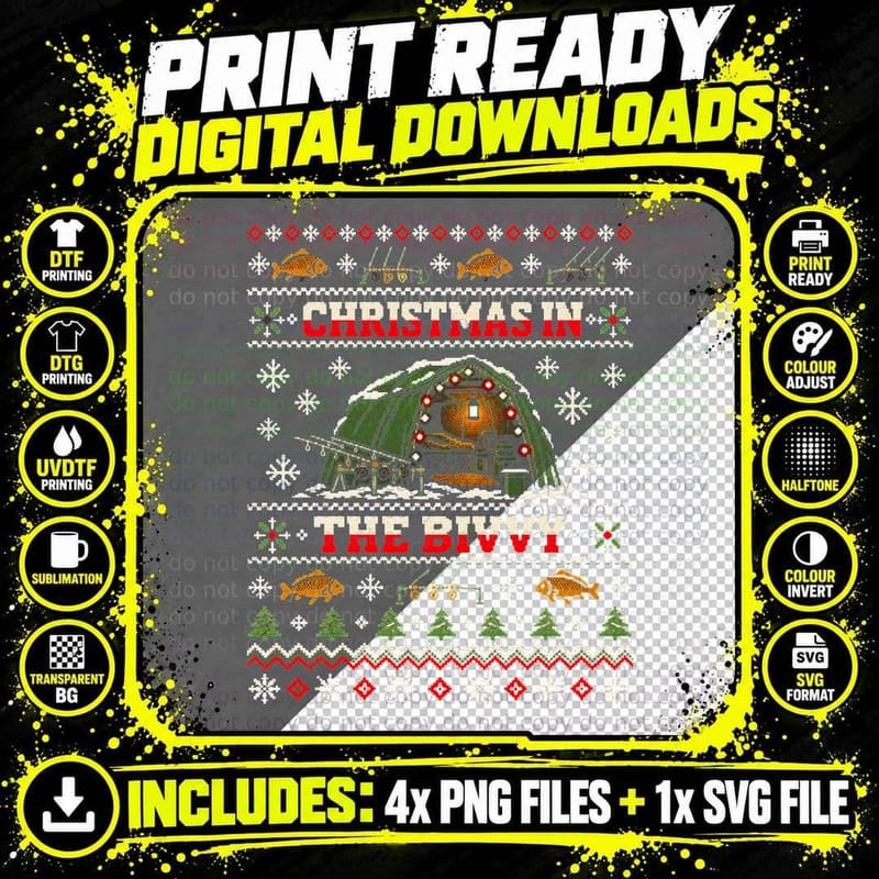 Christmas in the Bivvy Carp Angler Fishing Ugly Sweater Png SVG Digital Bundle
