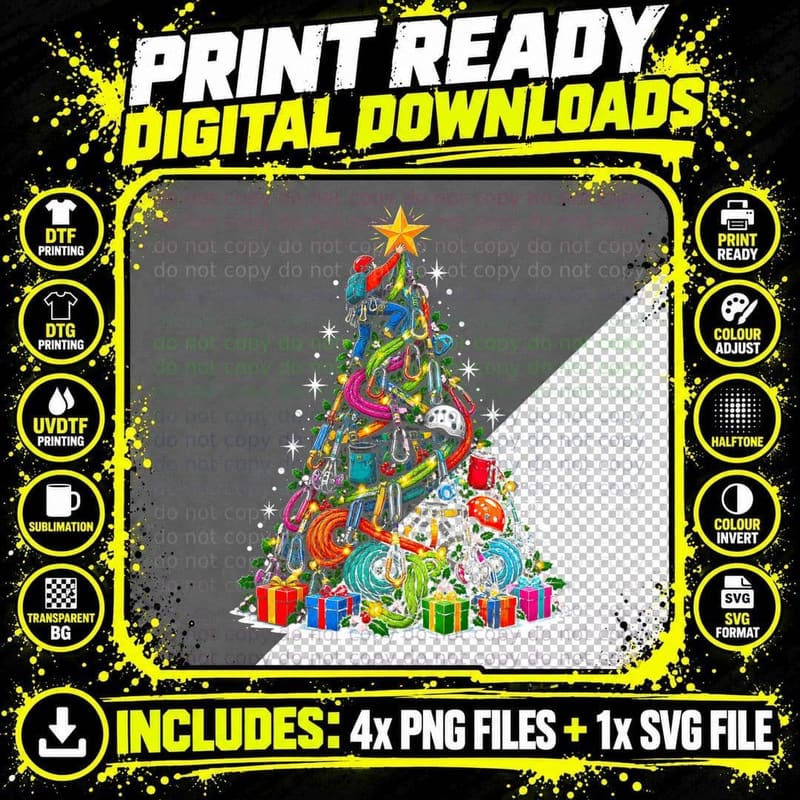 Climbing Christmas Tree Rock Climber Ropes Carabiners Png SVG Digital Bundle
