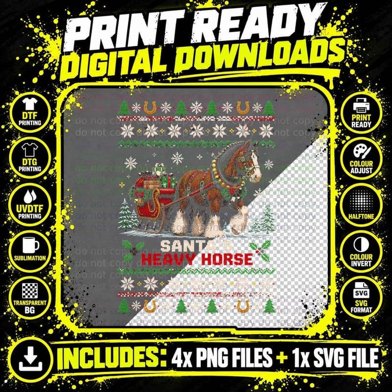 Clydesdale Horse Ugly Sweater Christmas Draft Sleigh Png SVG Digital Bundle