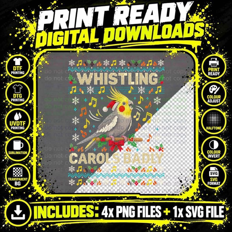 Cockatiel Whistling Carols Badly Christmas Ugly Sweater Png SVG Digital Bundle
