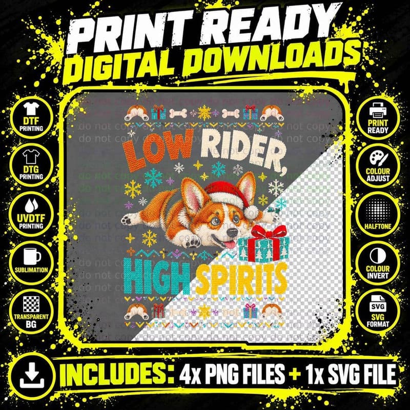 Corgi Christmas Ugly Sweater Low Rider High Spirits Png SVG Digital Bundle