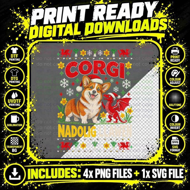 Corgi Christmas Ugly Sweater Nadolig Llawen Welsh Dragon Png SVG Digital Bundle
