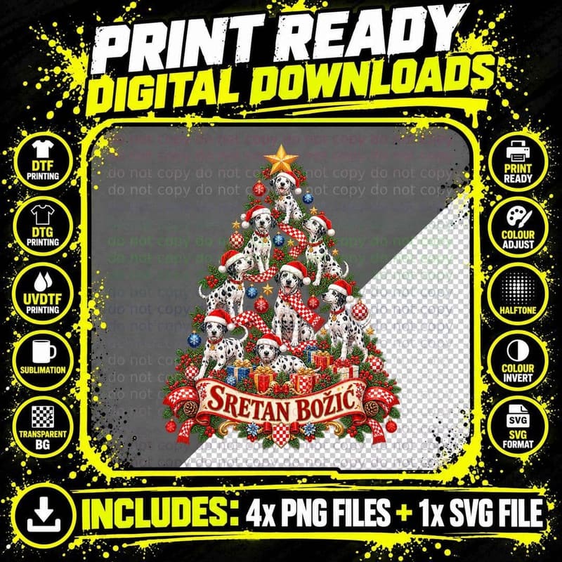 Croatian Dalmatian Dog Christmas Tree Sretan Bozic Cute Png SVG Digital Bundle