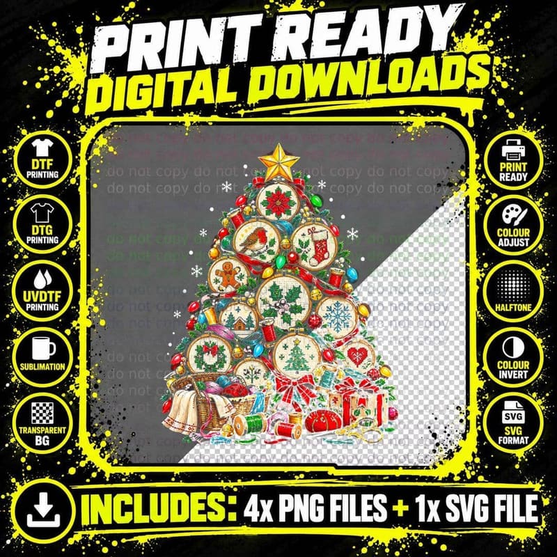 Cross-Stitch Christmas Tree Embroidery Hoops Crafter Png SVG Digital Bundle