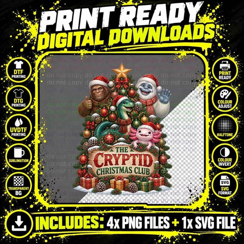 Cryptid Christmas Tree Club Bigfoot Nessie Yeti Funny Png SVG Digital Bundle