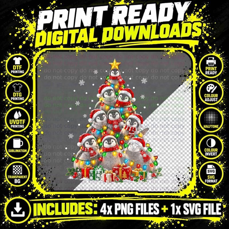 Cute Funny Penguin Christmas Tree Animal Lover Holiday Png SVG Digital Bundle