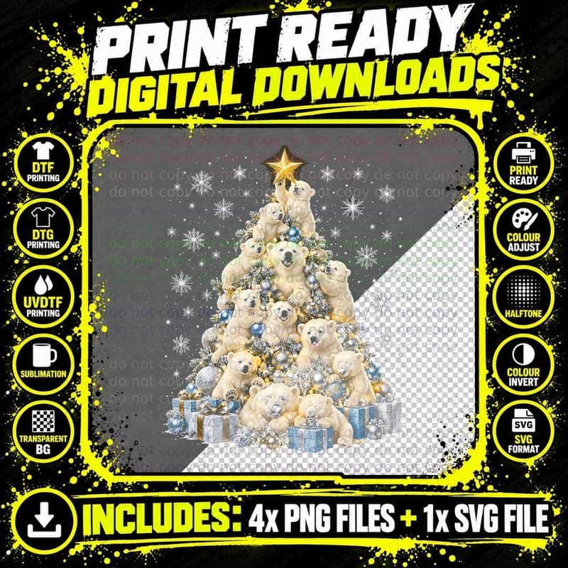 Cute Polar Bear Christmas Tree Tee Png SVG Digital Bundle