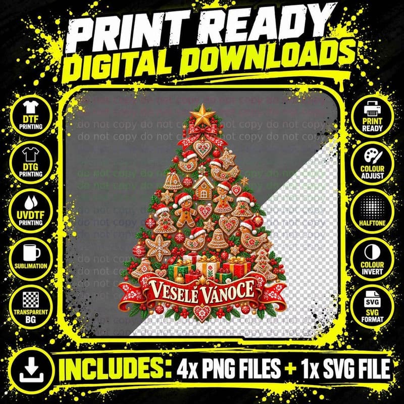 Czech Gingerbread Christmas Tree Folk Vesele Vanoce Png SVG Digital Bundle