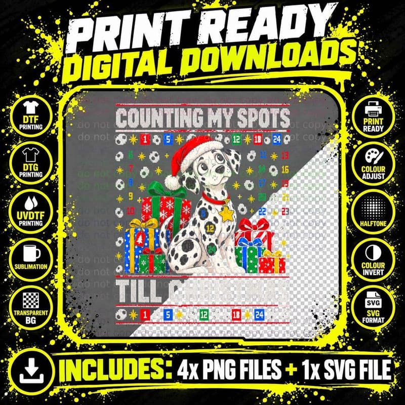 Dalmatian Christmas Ugly Sweater Counting Spots Santa Png SVG Digital Bundle