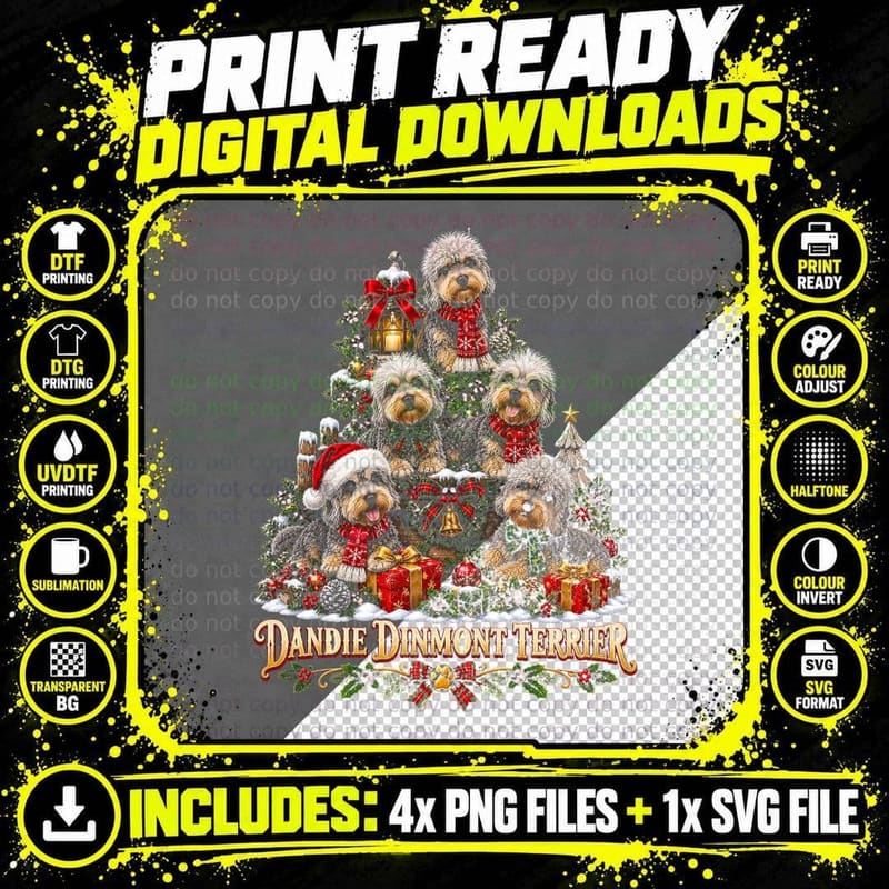 Dandie Dinmont Terrier Christmas Tree Lanterns Scarves Png SVG Digital Bundle