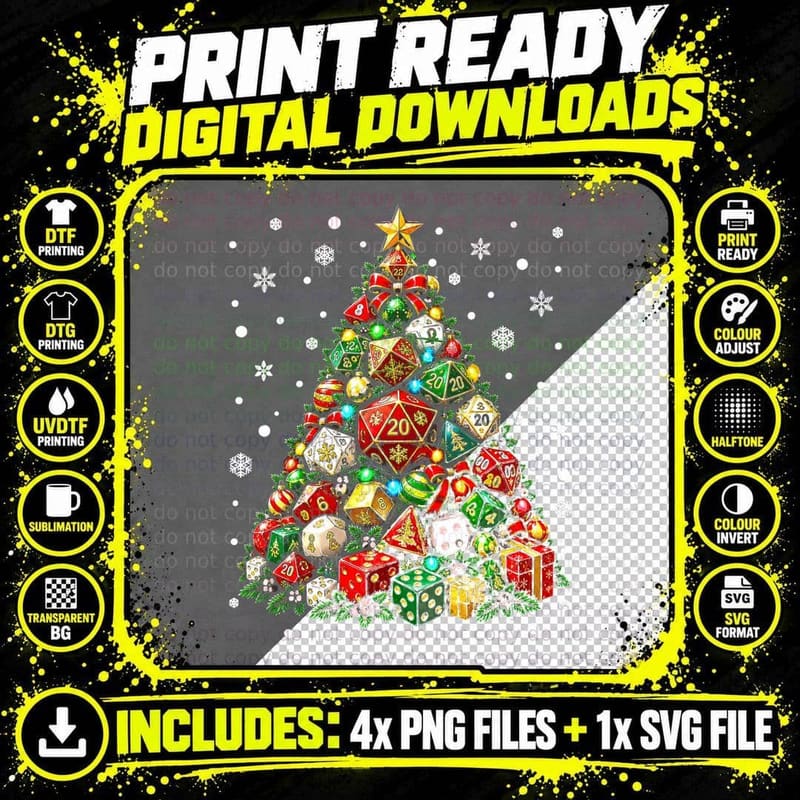 Dice Christmas Tree Tabletop Gamer D20 Dice Funny Gift Png SVG Digital Bundle