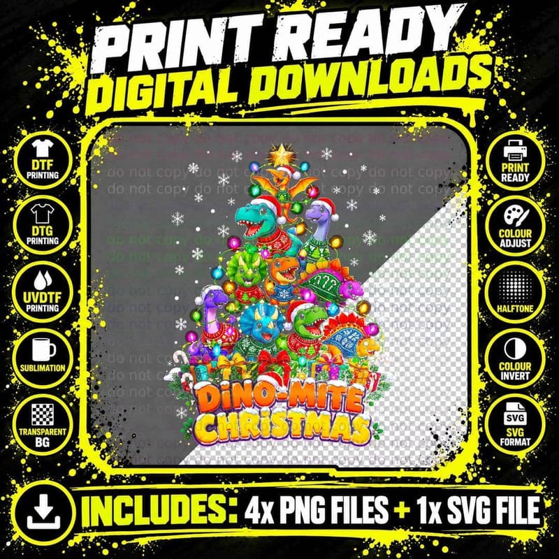 Dinosaur Christmas Ugly Sweater Style Funny Cartoon Png SVG Digital Bundle