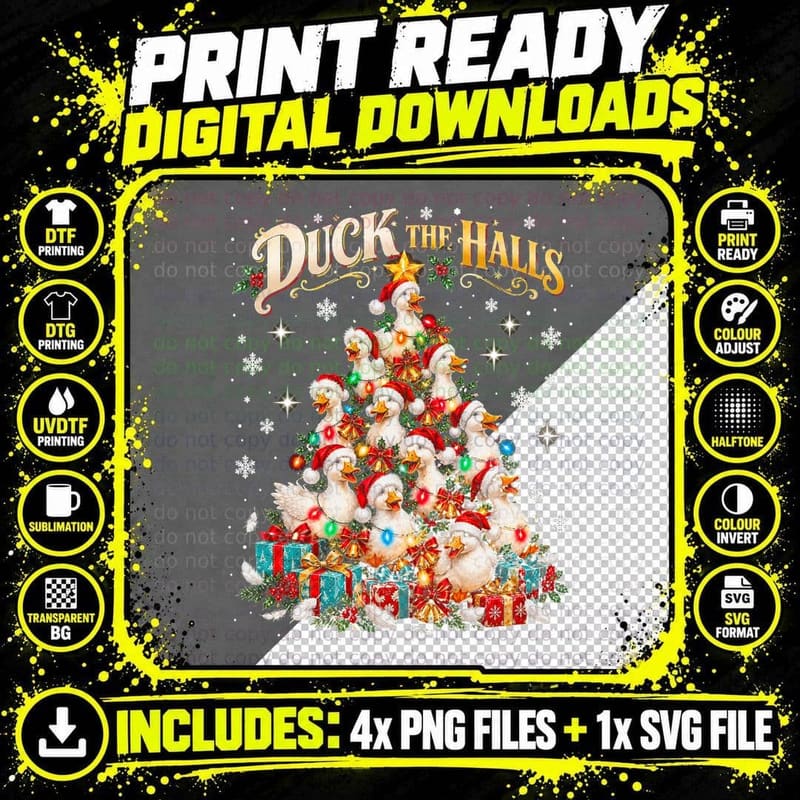 Duck the Halls Christmas Watercolor Funny Duck Lover Png SVG Digital Bundle
