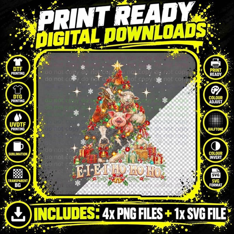 E-I-E-I-Ho Ho Ho Christmas Farm Animals Funny Cow Pig Png SVG Digital Bundle