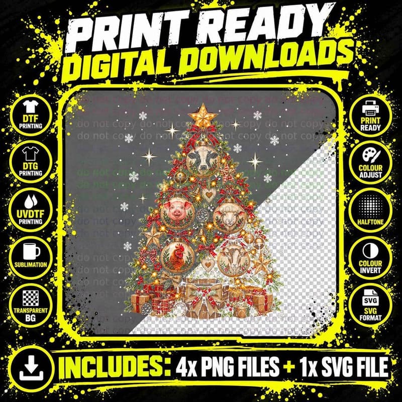 Farm Animal Baubles Christmas Tree Farmhouse Rustic Png SVG Digital Bundle