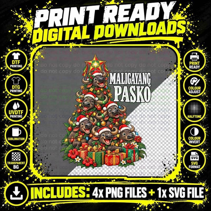 Filipino Carabao Christmas Tree Maligayang Pasko Retro Png SVG Digital Bundle