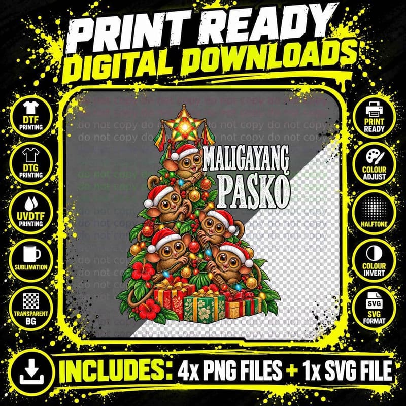 Filipino Tarsier Christmas Tree Maligayang Pasko Retro Png SVG Digital Bundle