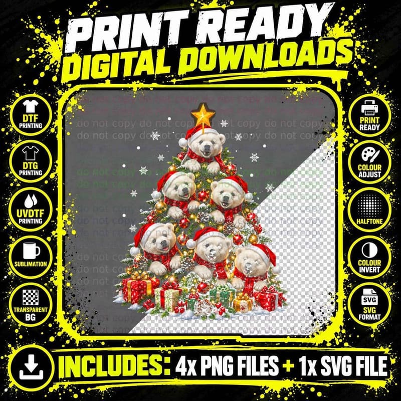 Funny Beary Christmas Polar Bear Santa Hat Tree Animal Png SVG Digital Bundle