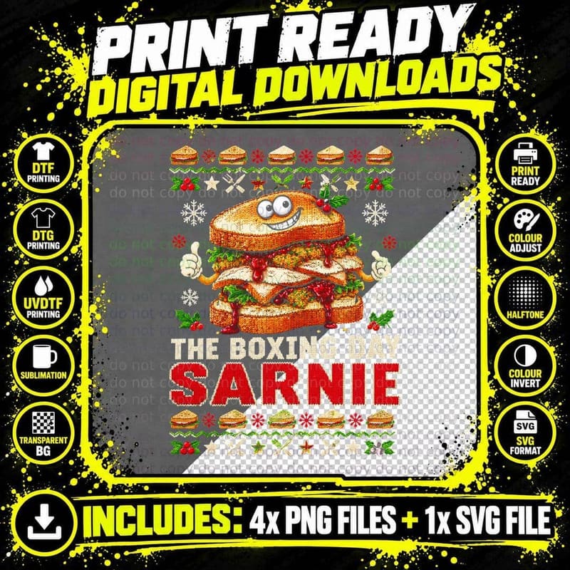 Funny British Christmas Turkey Sandwich Ugly Sweater Png SVG Digital Bundle