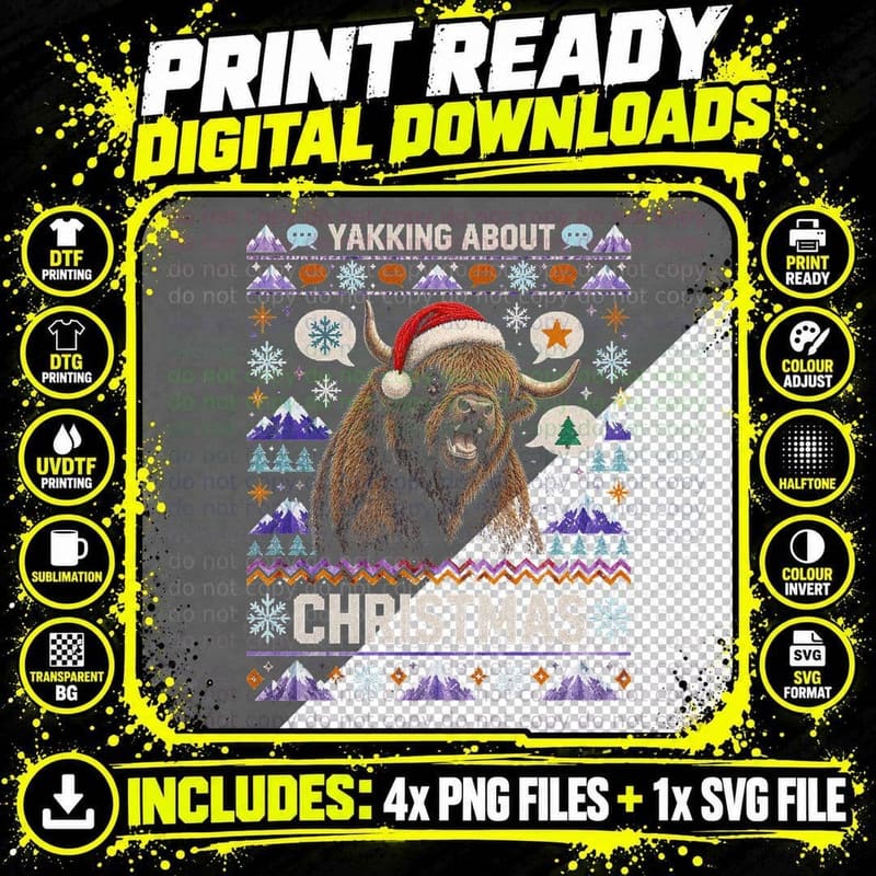 Funny Christmas Yak Ugly Sweater Highland Animal Humor Png SVG Digital Bundle