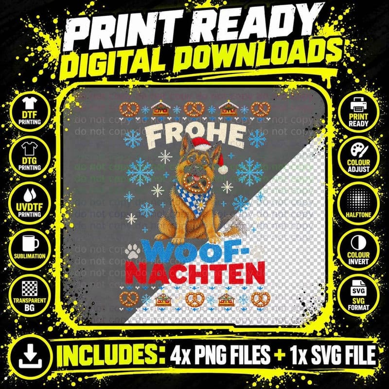 German Shepherd Christmas Ugly Sweater Frohe Woof Png SVG Digital Bundle