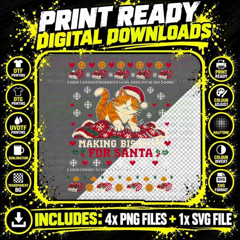 Ginger Cat Making Biscuits Christmas Ugly Sweater Funny Png SVG Digital Bundle