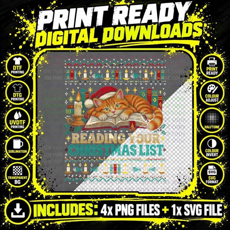 Ginger Cat Reading Christmas List Funny Ugly Sweater Cat Png SVG Digital Bundle