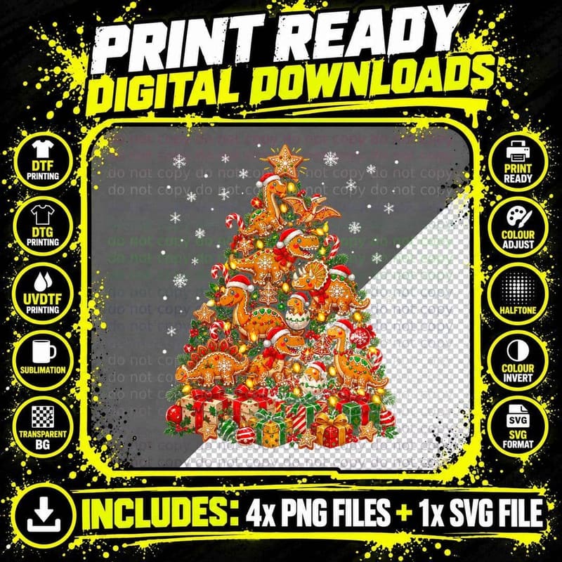 Gingerbread Dinosaur Christmas Cookie Cute Baking Png SVG Digital Bundle