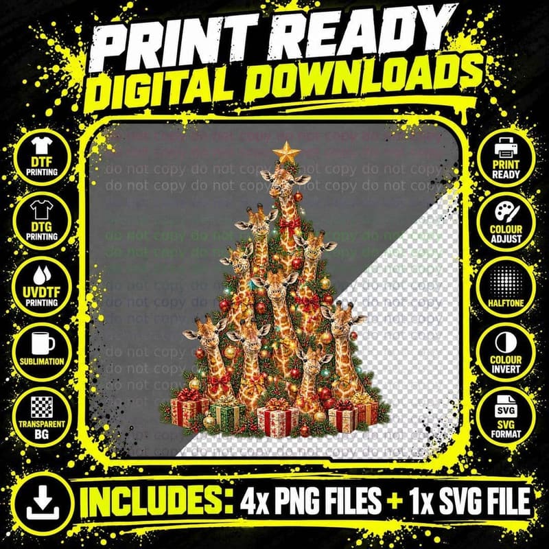 Giraffe Christmas Tree Vintage Christmas Animal Lover Png SVG Digital Bundle