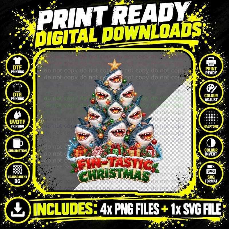 Great White Shark Christmas Tree Funny Ocean Animal Png SVG Digital Bundle