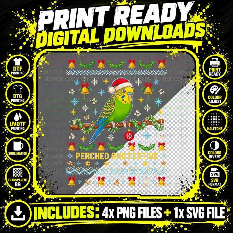 Green Budgie Perched Festive Christmas Ugly Sweater Bird Png SVG Digital Bundle